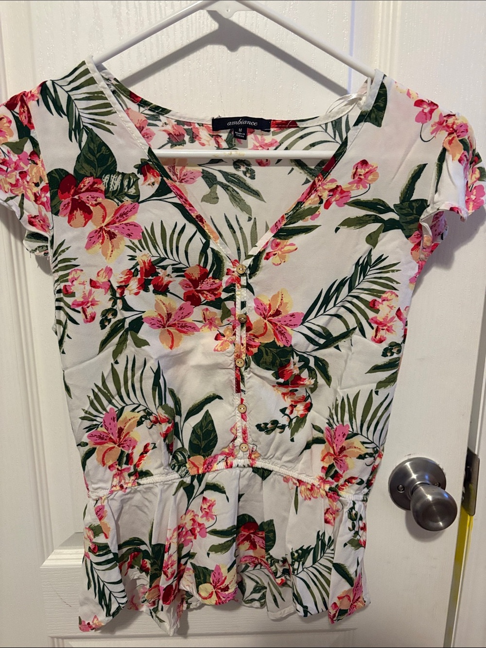 Ambiance White Floral Button-Peplum Top with Pink & Green
